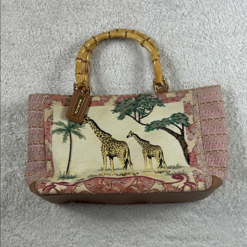 Vintage Bueno Safari Giraffe Tapestry Bamboo Handle Tote Bag Medium